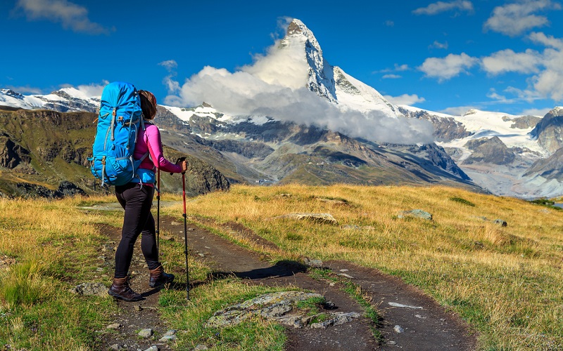 Sporty Hiker Woman With Matterhorn Peak In Background
